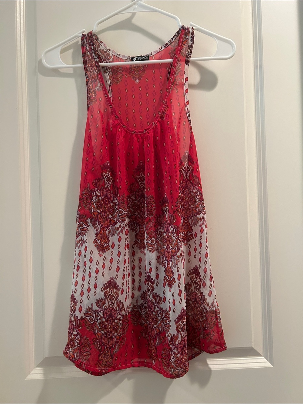 Lily White women’s sheer flowy boho festival print racerback tank top size L